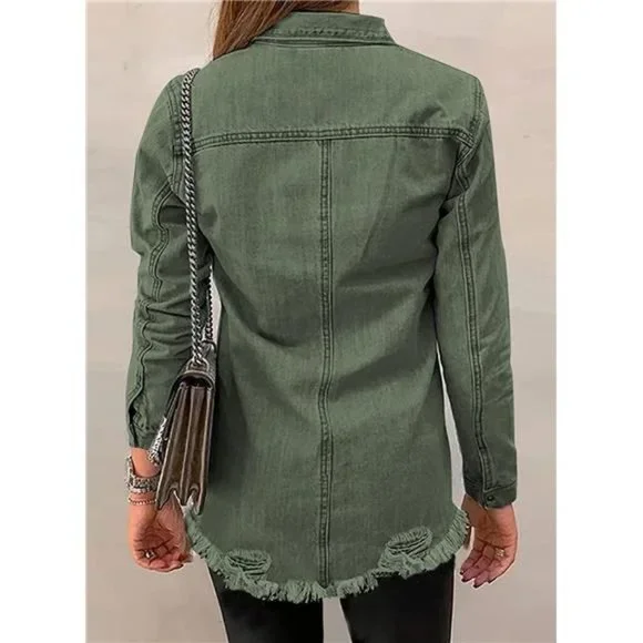 WOMEN'S Oversized Denim Jacket Casual Long A1 Green